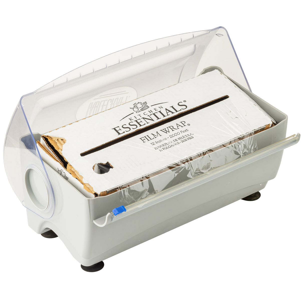 A white plastic Rapid Wrap Film Dispenser holds a roll of Kitchen Essentials film wrap. The box has a transparent hinged lid partially open, exposing the film wrap and a serrated edge for cutting. Four black rubber feet keep this dispenser steady.