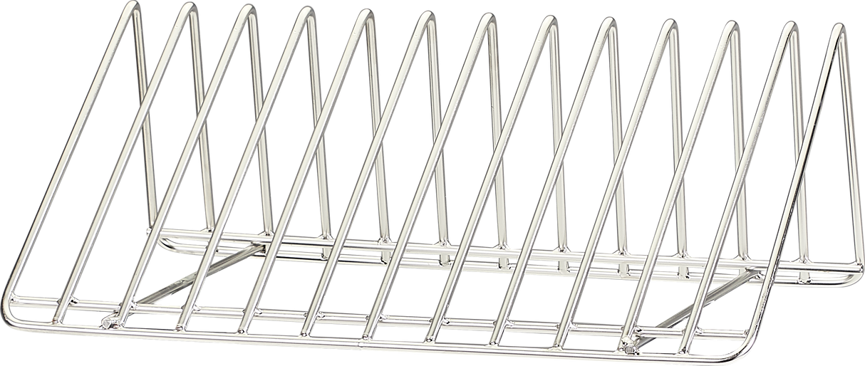 A silver Hobart pan rack with 12 pan capacity, featuring evenly spaced vertical wire dividers and an open design. The slanted base keeps items like plates, cutting boards, or file folders upright and organized.