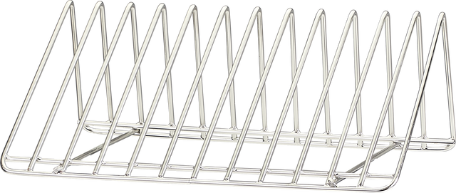 A silver Hobart pan rack with 12 pan capacity, featuring evenly spaced vertical wire dividers and an open design. The slanted base keeps items like plates, cutting boards, or file folders upright and organized.