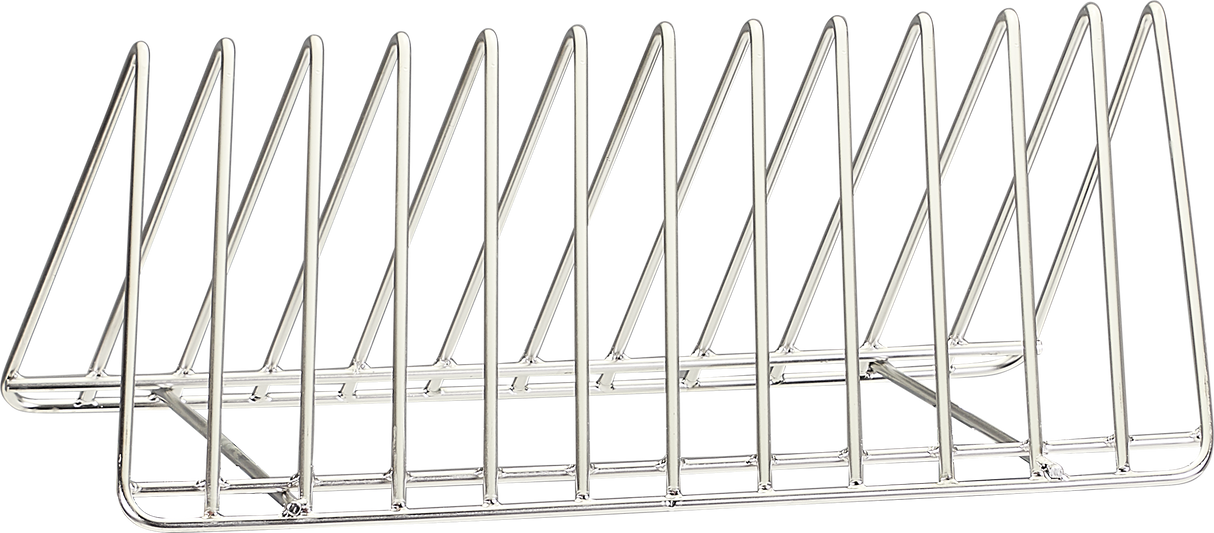 A metal Hobart pan rack with a shiny silver finish features a rectangular base, triangular sides for support, and multiple evenly spaced vertical slots, offering a 12 pan capacity for holding items like plates, lids, or files upright.