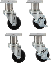 Four metal 6 inch casters are shown, two with locking mechanisms and two without. Each adjustable caster has a flat mounting plate on top and a black wheel at the bottom, arranged in a grid on a light background.