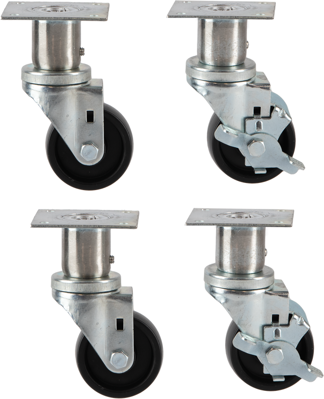 Four metal 6 inch casters are shown, two with locking mechanisms and two without. Each adjustable caster has a flat mounting plate on top and a black wheel at the bottom, arranged in a grid on a light background.