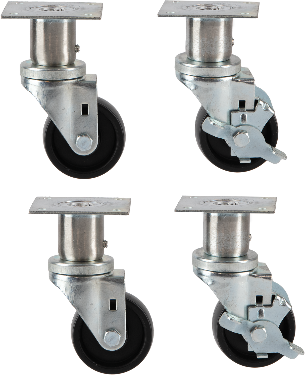 Four heavy-duty swivel caster wheels with black rubber tires and silver metal brackets are shown. Two locking casters have brakes attached, while the other two do not. Ideal as commercial kitchen casters, each has a flat mounting plate for installation.