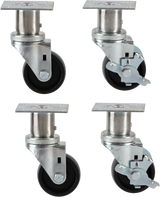 Four heavy-duty swivel caster wheels with black rubber tires and silver metal brackets are shown. Two locking casters have brakes attached, while the other two do not. Ideal as commercial kitchen casters, each has a flat mounting plate for installation.