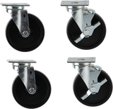 Four black 5 inch casters with silver metal brackets are shown on a white background. Two locking casters have their mechanisms engaged, while the other two do not, clearly displaying both locking and non-locking versions.