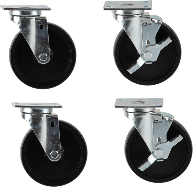 Four black 5 inch casters with silver metal brackets are shown on a white background. Two locking casters have their mechanisms engaged, while the other two do not, clearly displaying both locking and non-locking versions.
