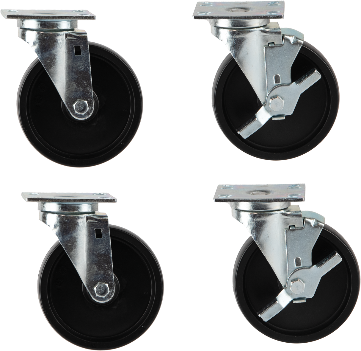 Four Wolf CASTERS-RR4 casters for commercial kitchen equipment are shown against a white background; two 5-inch swivel wheels have locking mechanisms, while the other two do not. The wheels are arranged in a grid of two rows and two columns.