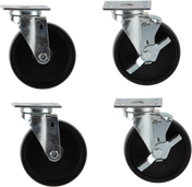 Four Wolf CASTERS-RR4 casters for commercial kitchen equipment are shown against a white background; two 5-inch swivel wheels have locking mechanisms, while the other two do not. The wheels are arranged in a grid of two rows and two columns.
