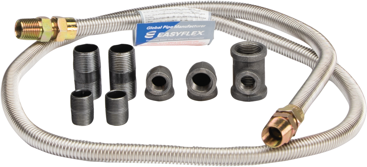 A flexible metal hose with brass fittings, labeled “Easyflex,” is coiled and surrounded by eight black pipe fittings—ideal for Vulcan or Challenger Series ranges as part of an Inter-plumbing gas connection kit—all set against a white background.
