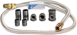 A flexible metal hose with brass fittings, labeled “Easyflex,” is coiled and surrounded by eight black pipe fittings—ideal for Vulcan or Challenger Series ranges as part of an Inter-plumbing gas connection kit—all set against a white background.