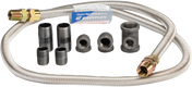 A flexible metal hose with brass fittings, labeled “Easyflex,” is coiled and surrounded by eight black pipe fittings—ideal for Vulcan or Challenger Series ranges as part of an Inter-plumbing gas connection kit—all set against a white background.