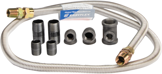 A flexible metal hose with brass fittings, labeled “Easyflex,” is coiled and surrounded by eight black pipe fittings—ideal for Vulcan or Challenger Series ranges as part of an Inter-plumbing gas connection kit—all set against a white background.