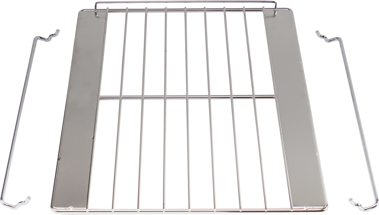 A Wolf OVNRACK-XL20 metal oven rack with parallel bars and two detachable side rails is displayed on a white background. This 20-inch oven shelf features shiny metal bars and solid strips on each side for added stability.