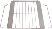 A Wolf OVNRACK-XL20 metal oven rack with parallel bars and two detachable side rails is displayed on a white background. This 20-inch oven shelf features shiny metal bars and solid strips on each side for added stability.