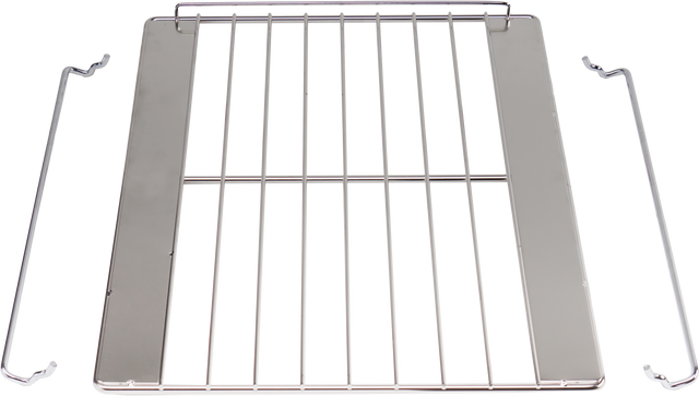 A Wolf OVNRACK-XL20 metal oven rack with parallel bars and two detachable side rails is displayed on a white background. This 20-inch oven shelf features shiny metal bars and solid strips on each side for added stability.