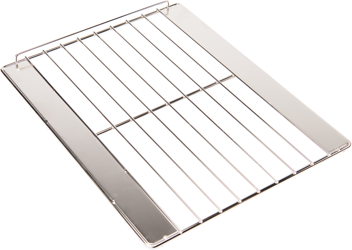 A shiny, rectangular Wolf OVNRACK-XL20 commercial oven rack with parallel bars and solid metal edges is shown on a white background. The 20-inch oven shelf is slightly angled, highlighting its flat surface and simple design for holding trays or food.
