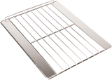 A shiny, rectangular Wolf OVNRACK-XL20 commercial oven rack with parallel bars and solid metal edges is shown on a white background. The 20-inch oven shelf is slightly angled, highlighting its flat surface and simple design for holding trays or food.