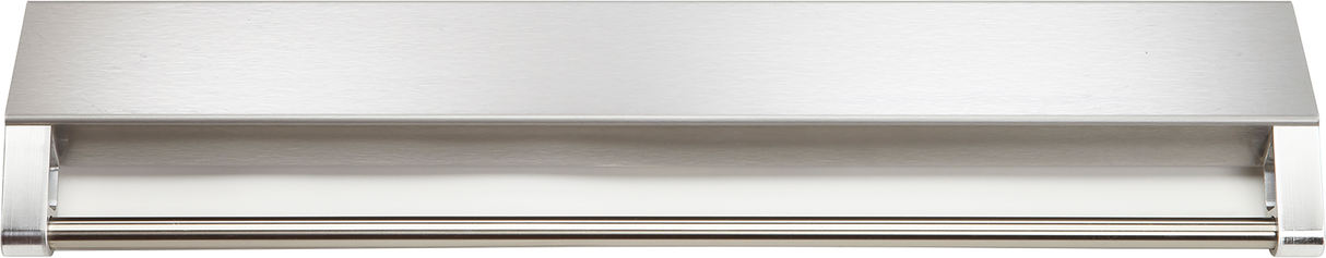 A stainless steel range hood with a sleek, rectangular design, perfect for 36" ranges. The image shows a front view, highlighting the smooth metallic surface, vent opening, and a towel bar near the bottom edge for added convenience.