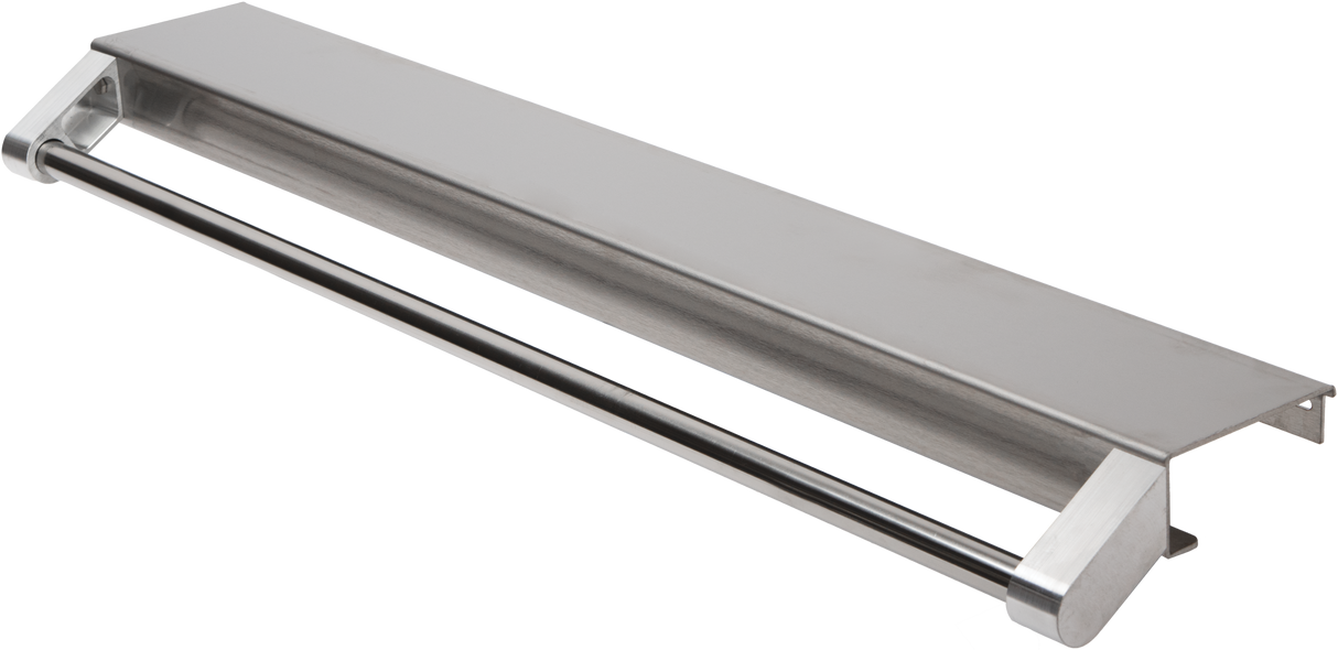 A modern stainless steel wall-mounted shelf with an integrated towel bar, perfect for kitchens with Vulcan 36" ranges. It features a flat top for storage and a sturdy rod beneath for hanging items, all supported by angled end brackets.