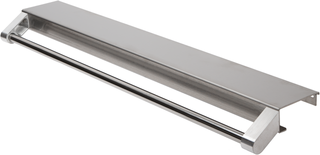 A modern stainless steel wall-mounted shelf with an integrated towel bar, perfect for kitchens with Vulcan 36" ranges. It features a flat top for storage and a sturdy rod beneath for hanging items, all supported by angled end brackets.