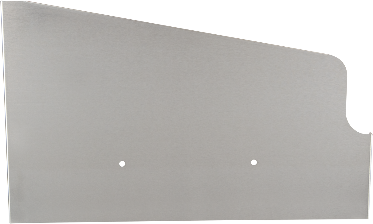 A flat, rectangular SHIELD-FRYLH sheet of brushed metal with a slanted top edge, two small holes near the center, and a rounded notch at the upper right. The metallic surface is smooth—an ideal Fryer Shield for Vulcan equipment.