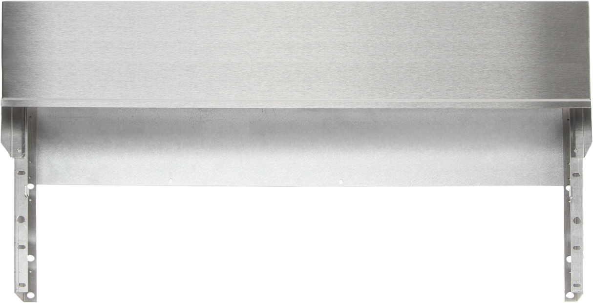 A stainless steel wall-mounted bracket with a brushed finish, designed for Vulcan 36" ranges. It features a broad flat top and two vertical support arms with multiple mounting holes, offering sturdy utilitarian support for equipment or appliances.