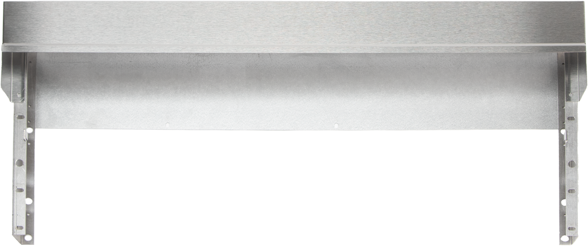 A metallic silver wall bracket or mounting shelf, featuring a 4" stub back and crafted from stainless steel, with a flat top, angled edges, and holes along the vertical supports for adjustable installation. The background is plain and light-colored.