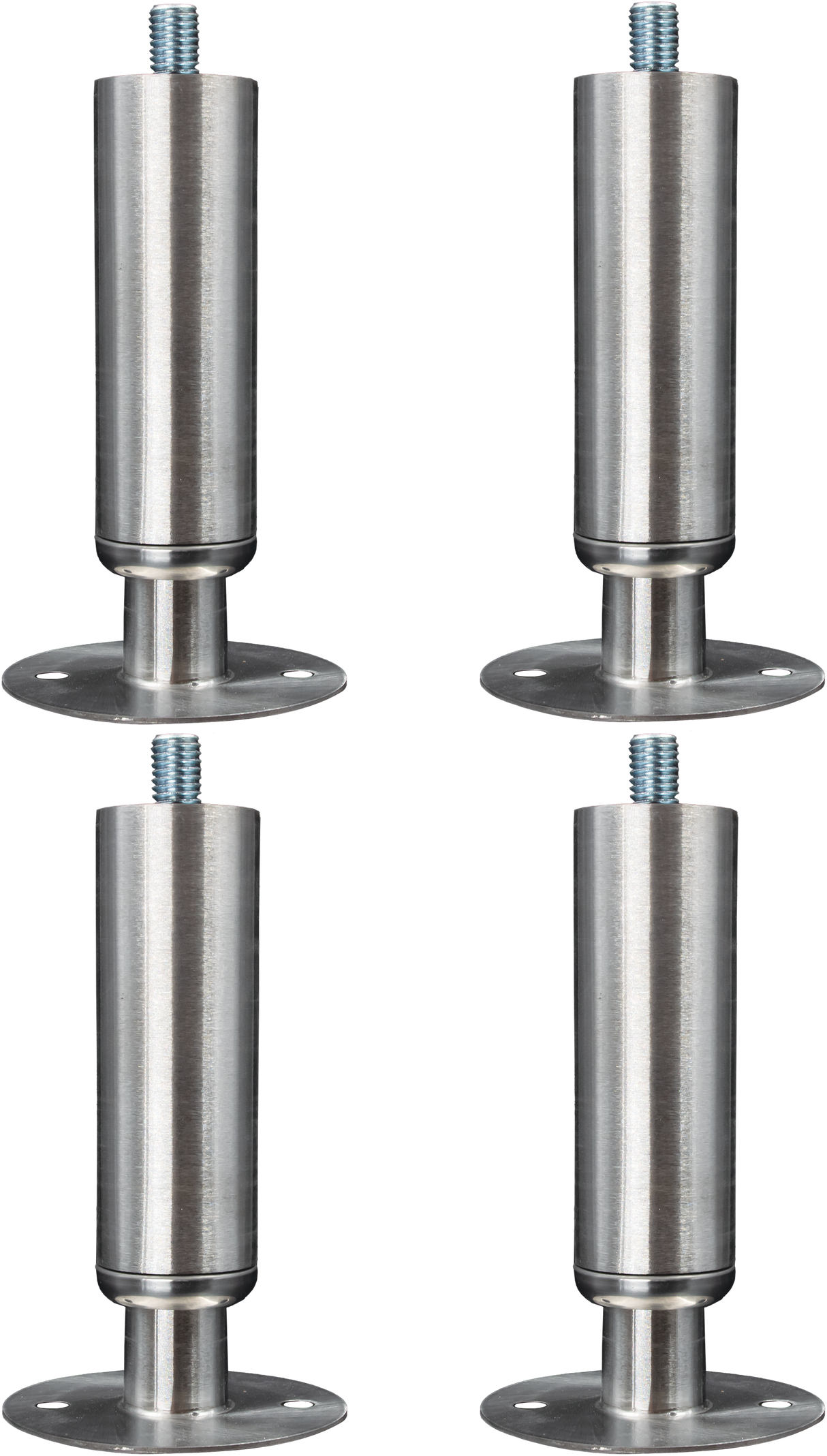 Four identical cylindrical metal furniture legs with a brushed steel finish, each featuring plate mounted flanged feet for secure installation and a threaded bolt on top. The legs are evenly spaced against a plain white background.