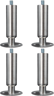 Four identical cylindrical metal furniture legs with a brushed steel finish, each featuring plate mounted flanged feet for secure installation and a threaded bolt on top. The legs are evenly spaced against a plain white background.