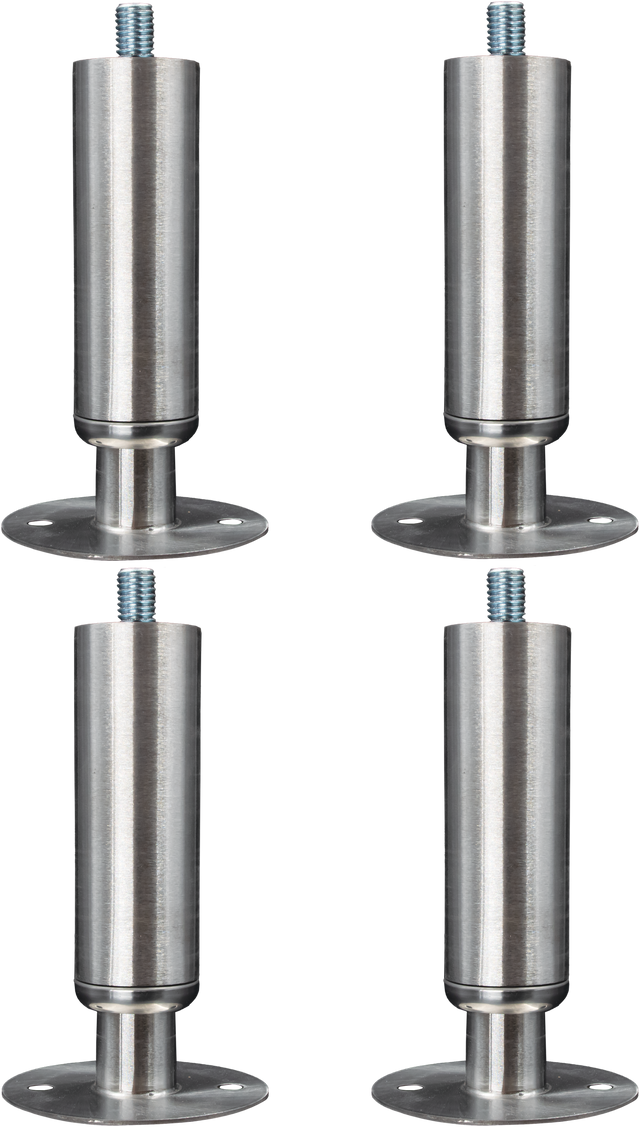 Four identical cylindrical metal furniture legs with a brushed steel finish, each featuring plate mounted flanged feet for secure installation and a threaded bolt on top. The legs are evenly spaced against a plain white background.