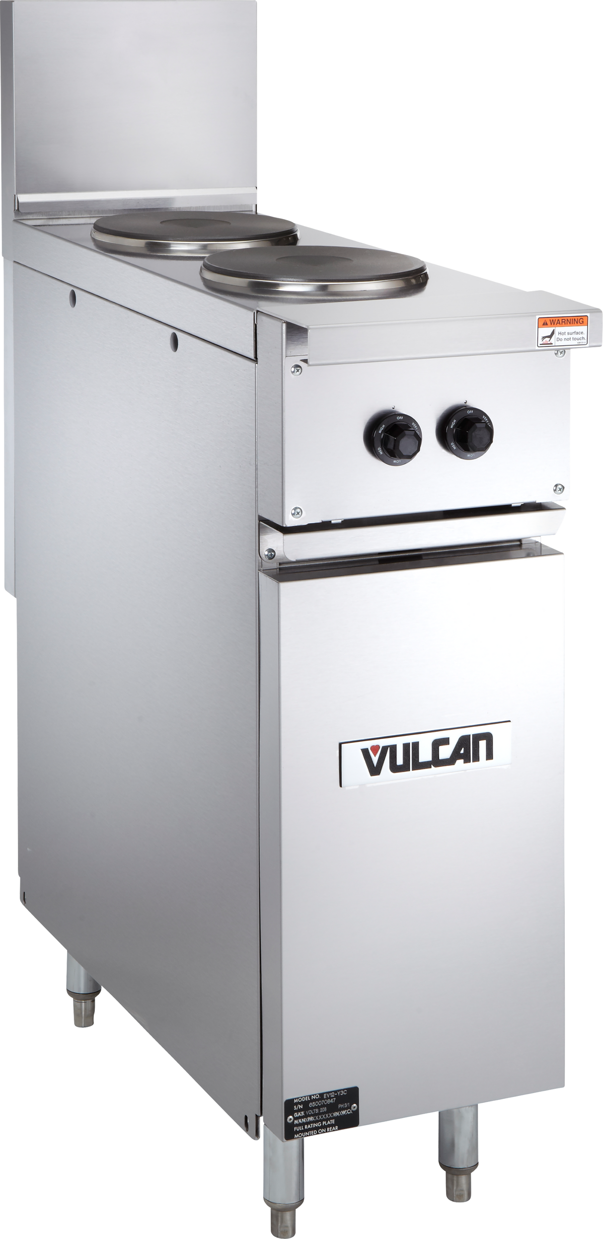 A stainless steel Vulcan EV12-2FP240 electric range featuring two round French plates on top, two black control knobs on the front panel, a lower compartment with the Vulcan logo, and four sturdy metal legs.