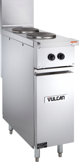 A stainless steel Vulcan commercial electric hot plate features two round French plates, two black control knobs, and a lower cabinet. The unit stands on four adjustable legs and has a caution label on the top right corner.