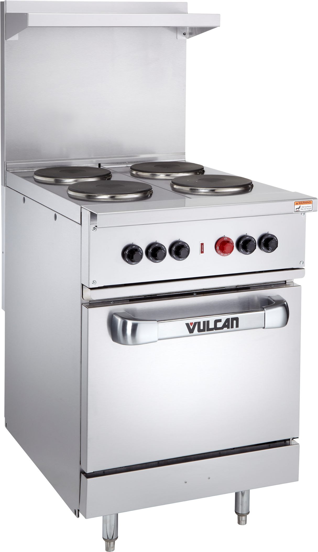 A commercial stainless steel electric range with four round French hotplates, black control knobs, an oven below, and a “Vulcan” logo on the oven door. The restaurant range features a backsplash and stands on metal legs.