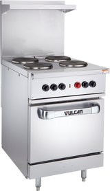 A commercial stainless steel electric range with four round French hotplates, black control knobs, an oven below, and a “Vulcan” logo on the oven door. The restaurant range features a backsplash and stands on metal legs.