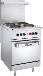 A commercial stainless steel electric range with four round French hotplates, black control knobs, an oven below, and a “Vulcan” logo on the oven door. The restaurant range features a backsplash and stands on metal legs.