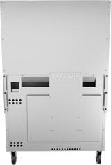 Back view of a stainless steel 36" griddle on wheels, possibly a commercial kitchen device. The surface features ventilation holes, a rectangular access panel, and a mounting plate. The build is industrial and utilitarian, with a metallic finish and visible screws.