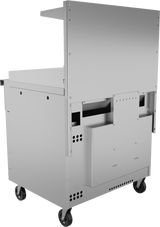 A stainless steel commercial kitchen cart with a high back panel and side shelf, perfect for use alongside an electric restaurant range. Shown from the back corner view, it features four caster wheels, vent holes, flat surfaces, and a hinged compartment.