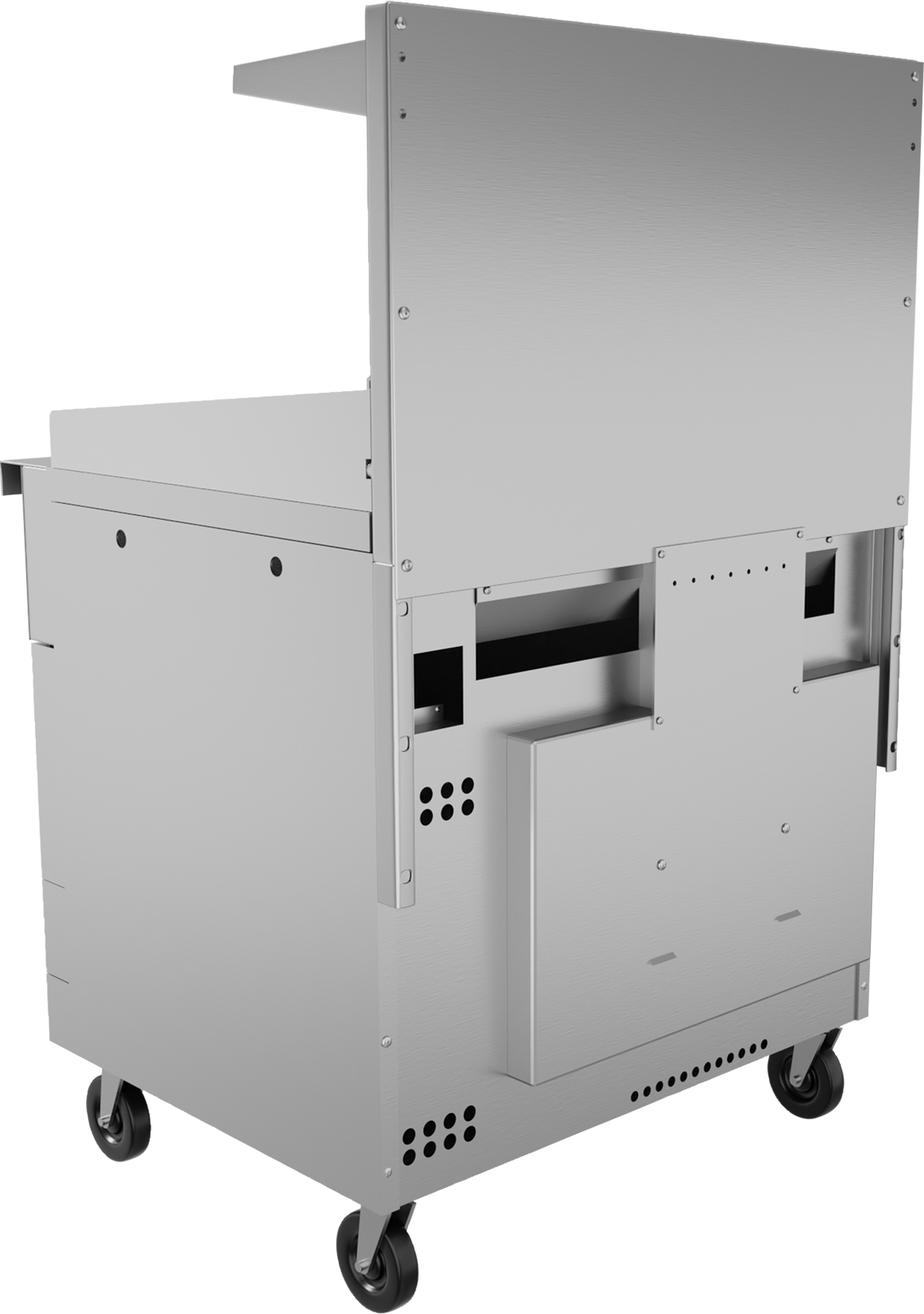 A stainless steel commercial kitchen cart with four swivel casters, a large rectangular body, vent holes, and a raised back panel—perfect for supporting an electric restaurant range or oversized oven in any industrial, functional workspace.