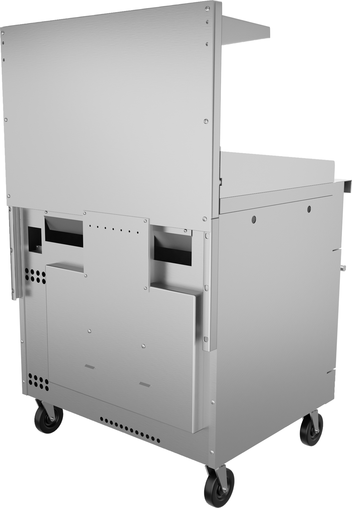 Stainless steel cart with four black wheels, a rectangular metal body, side handles, and a large flat rear panel with visible screws and vents; the upper section has a ledge, echoing the industrial look of an electric griddle.