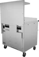 Stainless steel cart with four black wheels, a rectangular metal body, side handles, and a large flat rear panel with visible screws and vents; the upper section has a ledge, echoing the industrial look of an electric griddle.