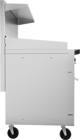 A side view of a white wheeled utility cart or workstation, featuring a flat upper shelf, a large lockable storage compartment—ideal for storing accessories for your 36" griddle—and a pull-out handle on the right. The cart boasts sleek swivel casters and minimalistic style.