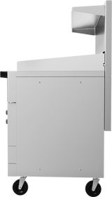 A side view of a modern, gray, stainless steel food cart with four black wheels. The cart features a closed compartment, an upper metal hood, and flat surfaces reminiscent of an electric restaurant range. Control buttons are visible along the left edge.