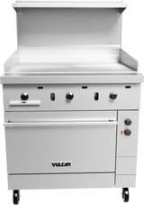 A commercial stainless steel Vulcan electric restaurant range features a 36" griddle with four control knobs above an oversized oven door, two smaller knobs and an ignition button on the right, a raised splash guard, all on caster wheels.