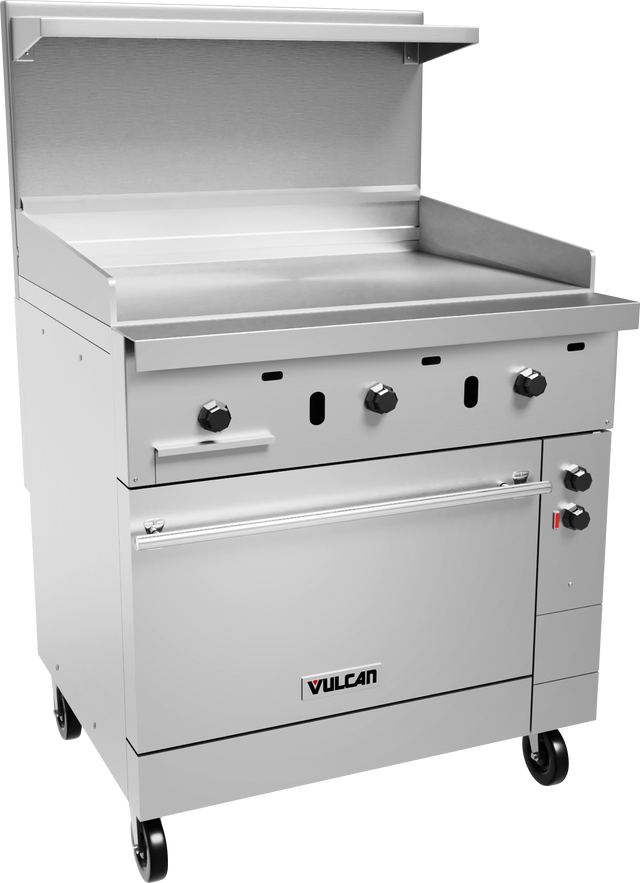 A large stainless steel commercial restaurant range by Vulcan with an electric griddle top, control knobs, oversized oven below, backsplash, upper shelf, and four wheels for mobility. The industrial design is perfect for food service use.