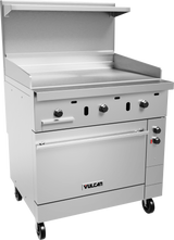 A commercial stainless steel electric restaurant range featuring a 36" griddle cooktop, four control knobs, vent slots, an oven door with Vulcan logo, a shelf above the griddle, and caster wheels for easy mobility.