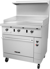 A commercial stainless steel Vulcan 36" griddle with a flat cooking surface, control knobs, lower oversized oven compartment, storage area, and raised back guard. The electric restaurant range is on wheels for mobility and features a clean, modern design.