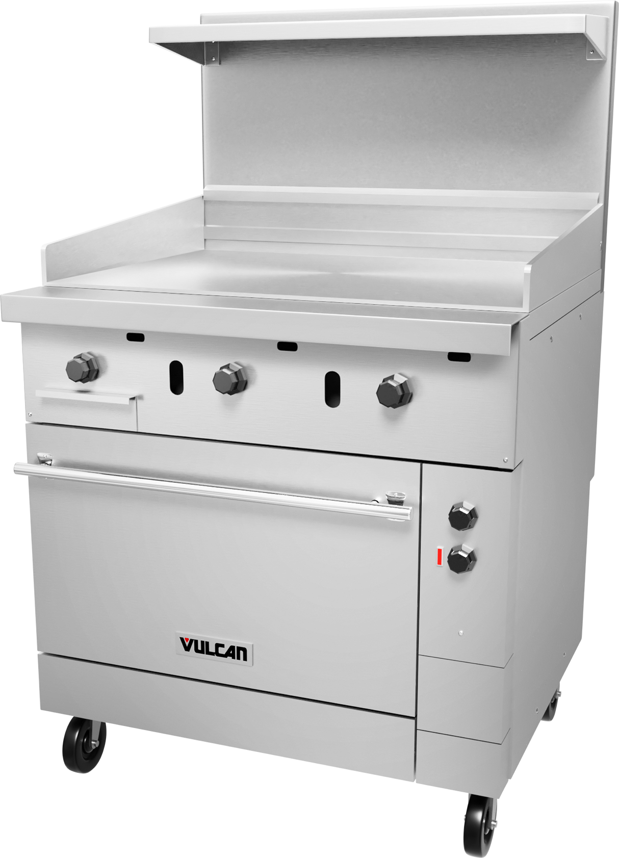 A commercial stainless steel Vulcan electric restaurant range with a flat griddle surface, backsplash, control knobs, an oversized oven compartment below, and caster wheels for mobility. The sturdy design is ideal for professional kitchens.