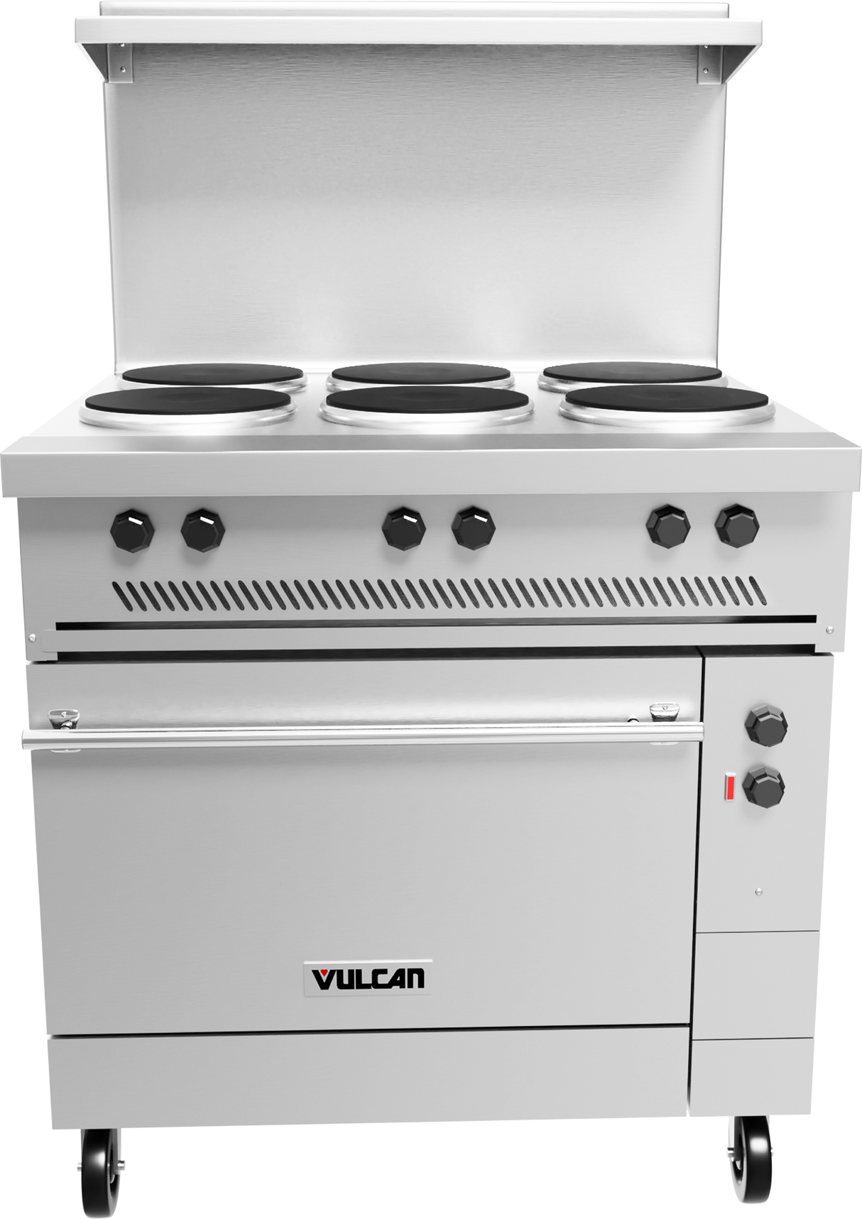 A stainless steel Vulcan restaurant range featuring six black electric French hotplates, six control knobs, an oven below with a handle, ventilation slots, two smaller side knobs, four caster wheels, and the brand name “Vulcan” on the front.