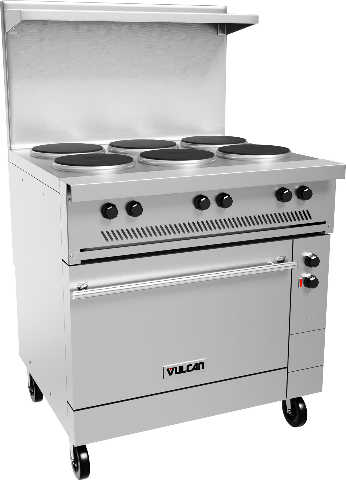 A commercial stainless steel Vulcan restaurant range with six round French hotplates, four control knobs, an oven below with a handle, a vented backsplash, and wheels for mobility. The Vulcan brand name is visible on the oven door.