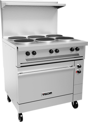 A commercial stainless steel Vulcan restaurant range with six round French hotplates, four control knobs, an oven below with a handle, a vented backsplash, and wheels for mobility. The Vulcan brand name is visible on the oven door.
